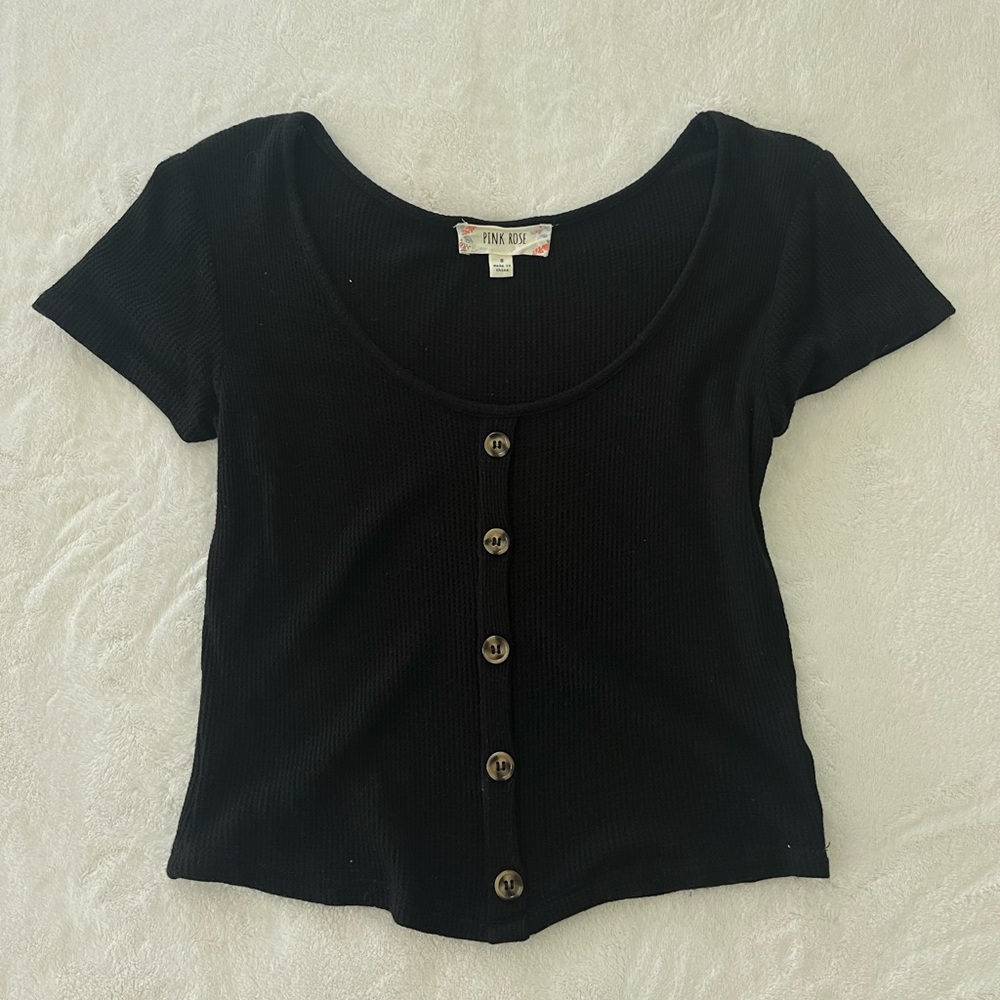 Black short sleeved button down top -S